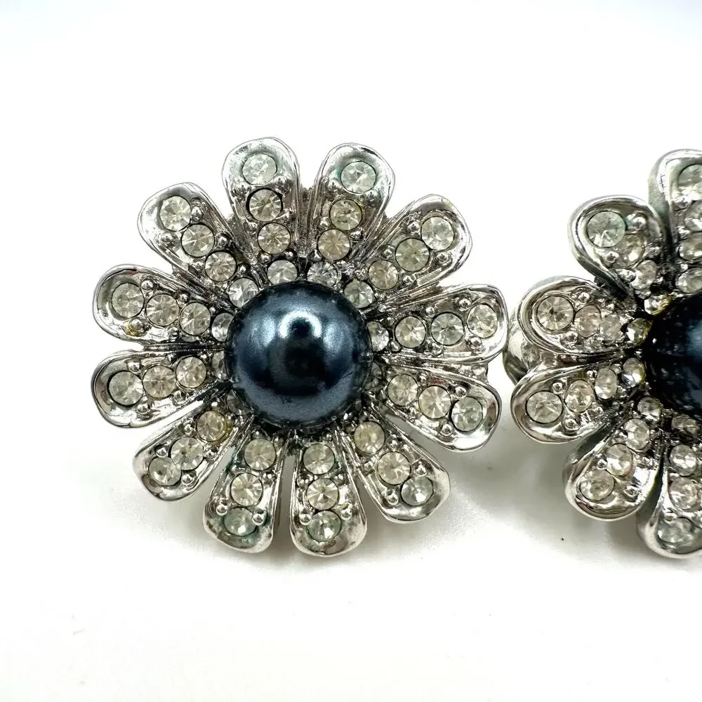 St. John vintage silver tone rhinestones faux black pearl clip on earrings